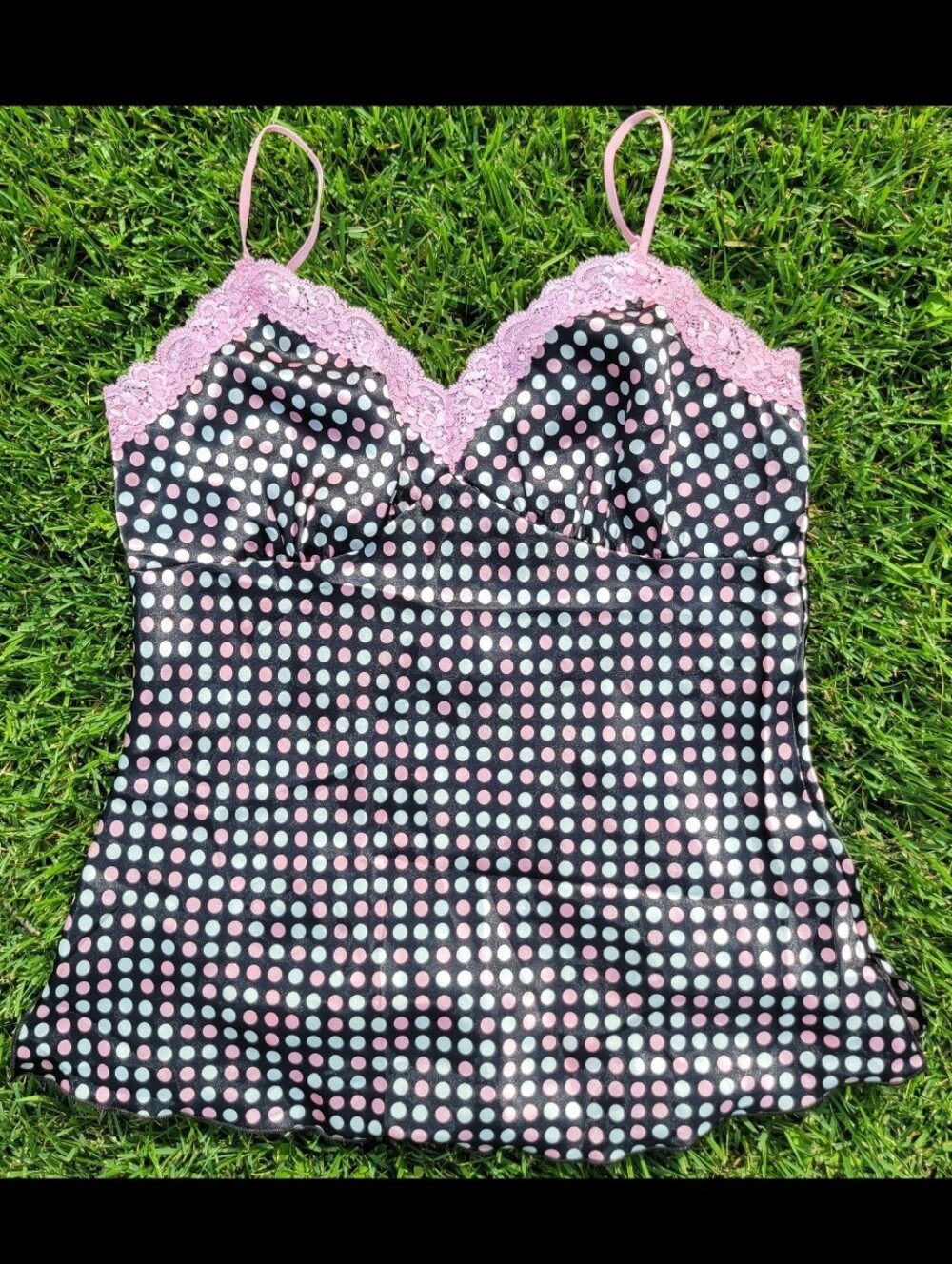 Vintage One Heart Y2K Camisole Womens Small Black w/ Pink White Dots & Lace Trim